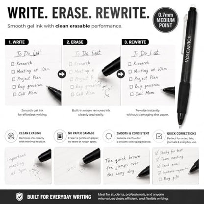 Volcanics Retractable Erasable Gel Pens Soft Black 12 Pack, 0.7mm Click Erasable Gel Ink Pens for Smooth Writing & Easy Erasing, Refillable Erasable Click Pens for School Office Supplies - color: Black