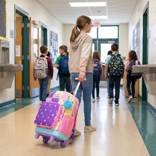 Girls Rolling Backpack with Lunch Box School Backpacks with Wheels 16.5" Roller Backpack for Girls, 3pcs Kids Wheeled Bookbag for Elementary School - color: Duosewujiaoxing