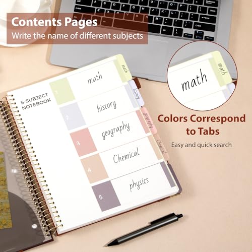 Yoment Hardcover Spiral Notebook 8.5" x 11" Leather 5 Subject Notebook College Ruled with Dividers Tabs 300 Pages Large Spiral Journal Notebooks for Work School Note-Taking Business, Brown - color: Brown