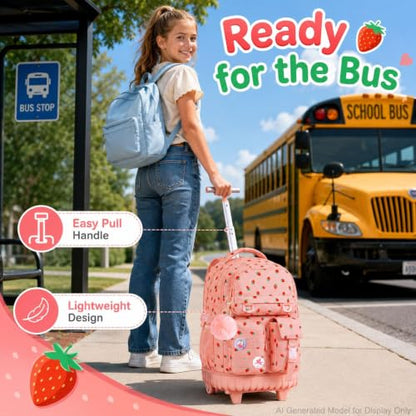 CCJPX Rolling Backpack for Girls, 3Pcs Roller Wheeled School Bookbag, Strawberryra Wheels Backpacks with Lunch Box for Kids (Pink) - color: Strawberry Pink