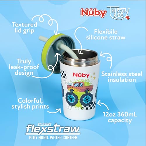 Nuby Thirsty Kids Insulated Toddler Cup with Silicone Flexstraw - 12 oz - Stainless Steel and Leak-Resistant - 18+ Months - Monster Trucks - color: Monster Trucks