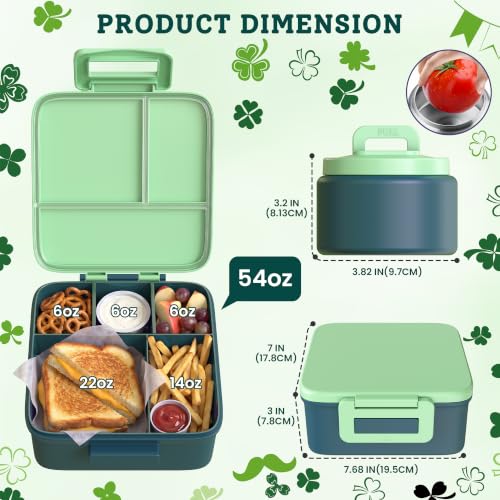 MAISON HUIS Bento Lunch Box with 8oz Soup Thermo, 5-Compartment Leak-Proof Container, Thermo Hot Food Jar and Insulated Lunch Bag, BPA Free,Travel, School (Green) - color: Green