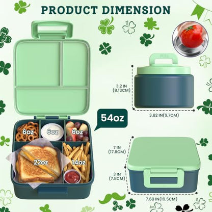 MAISON HUIS Bento Lunch Box with 8oz Soup Thermo, 5-Compartment Leak-Proof Container, Thermo Hot Food Jar and Insulated Lunch Bag, BPA Free,Travel, School (Green) - color: Green
