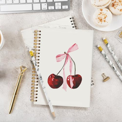 Cute Cherry Spiral Notebook,Cute Notebooks for School | Cherry Gifts for Women Journal,Fruit Lover Gifts,Coquette School Supplies for Women Girls, 5.5x8.3 Inch - color: Cherry - Pink bow 3