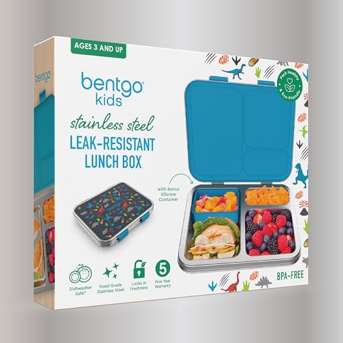 Bentgo Kids Stainless Steel Prints Leak-Resistant Lunch Box - 3-Compartments with Bonus Silicone Container, Durable, Eco-Friendly, Dishwasher Safe, BPA-Free, Ideal for School, Ages 3+ (Dinosaur) - color: Dinosaur