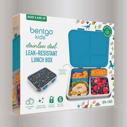 Bentgo Kids Stainless Steel Prints Leak-Resistant Lunch Box - 3-Compartments with Bonus Silicone Container, Durable, Eco-Friendly, Dishwasher Safe, BPA-Free, Ideal for School, Ages 3+ (Dinosaur) - color: Dinosaur