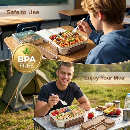 Bento Box Adult Lunch Box, Lunch Containers for Adults 44.5 Oz/5 Cup, Khaki | BPA-Free, Lid-Top Sauce Tray, Leak-Proof, 1300mL, Removable Silicone Sealing Ring, Lid-Top Utensil Slot with Included Cutlery - color: Khaki