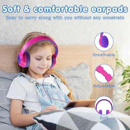 ZIHNIC Wired Kids Headphones, Safe 85dB Volume Limit for Boys & Girls, Comfortable Earpads, Foldable Design for School, Tablets, and Travel-Rose RED - color: Rose RED