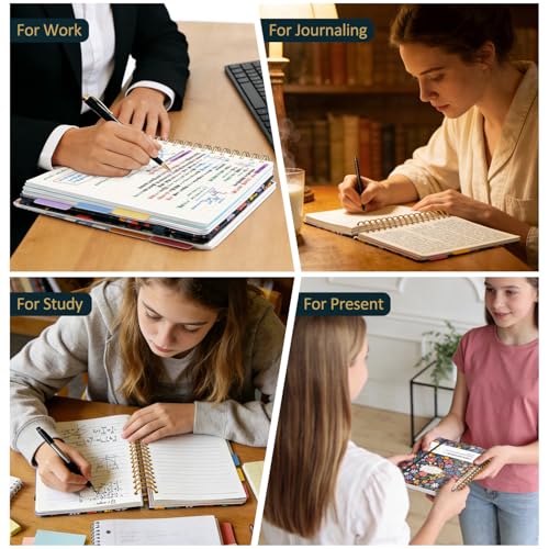 Hardcover Spiral Notebook 7.1"x10" Journal with Removable Divider Tabs, 150 Pages, 5 Subject Notebook, Ideal for Women Work Stationery, Pretty Student Planner, Meetings, Essential Notebooks, Tabbed Notebook, Aesthetic Subject Journal