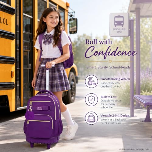 HPJGD 3PCS Girls Rolling Backpack, Womens Dark Purple School Backpacks with Wheels, Water Resistant Roller Kids Wheeled Bookbag Set - color: Classic Dark Purple Rolling Backpack Set