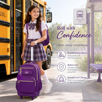 HPJGD 3PCS Girls Rolling Backpack, Womens Dark Purple School Backpacks with Wheels, Water Resistant Roller Kids Wheeled Bookbag Set - color: Classic Dark Purple Rolling Backpack Set