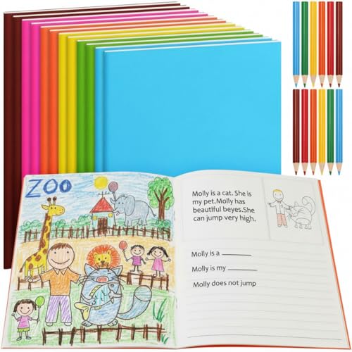 Eaasty 12 Set Blank Story Notebook for Kids with Colored Pencils Blank Books to Write Stories Primary Notebook Preschool Journal Composition Book Classroom Back to School Basket Stuffers