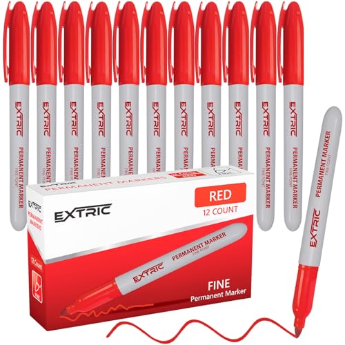 EXTRIC Permanent Markers Red, 12 Count Fine Point Markers, Quick Drying, Works on wood, Paper, Plastic, Metal and Glass, for Home, Office and School use - color: Red, size: 12 Count (Pack of 1)