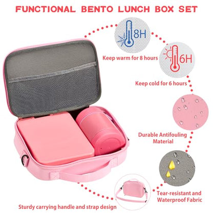 Bento Lunch Box Set for Kids with 10oz Soup Thermo, Leak-Proof Lunch Containers with 4 Compartment, Kids Thermo Hot Food Jar and Insulated Lunch Bag for Kid to School,BPA-Free(Pink) - color: Pink