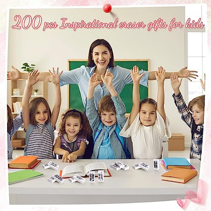 PerKoop 200 Pcs Erasers Bulk for Kids, Inspirational Back to School Pencil Eraser - White Fun Motivational Erasers Gifts for Kids Students Borradores Classroom Prizes School Office Supplies