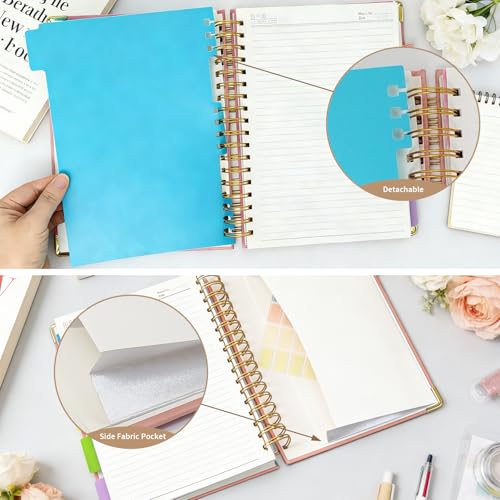biguphate 1Pack Hardcover Spiral Notebook with Tab, Ruler & Removable Dividers, 300 Pages 8"x10" Large B5 Faux Leather Notebooks, 5 Subject Notebook College Ruled for Work, Home (Pink) - color: 1PACK-Pink