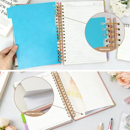 biguphate 1Pack Hardcover Spiral Notebook with Tab, Ruler & Removable Dividers, 300 Pages 8"x10" Large B5 Faux Leather Notebooks, 5 Subject Notebook College Ruled for Work, Home (Pink) - color: 1PACK-Pink
