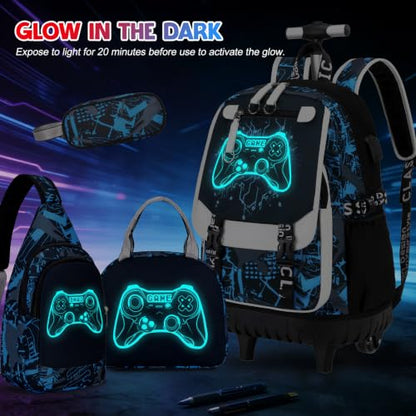 Bevalsa Rolling Backpack for Boys, Roller Backpack with Wheels, Wheeled School Bag with Sling Bag, Lunch Box & Pen Case for Kids Children Teens Elementary Middle Student Glow In The Dark - color: Blue Game