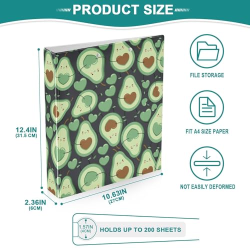 Happy Green Avocado Binder 3 Ring 1.5 Inch Binder with Clipboard&Pockets, Hardcover Binders Heavy Duty Large File Folder for Office School Supplies - Holds 200 Sheets - color: Happy Green Avocado, size: 1 Pack-12.4x10.63in