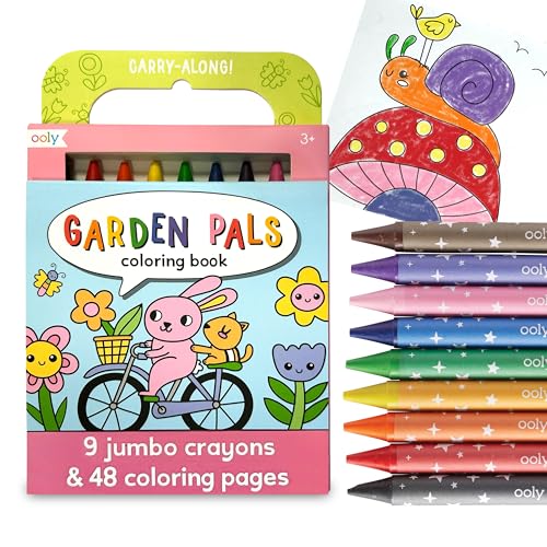 Ooly Kids Travel Activity Kit – 9 Jumbo Crayons & 48 Coloring Pages, Car Crafts for Kids, Mess-Free Road Trip Art Set, Airplane Activities – Garden Pals - color: Garden Pals