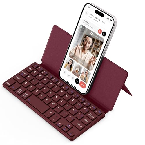 CACOE Wireless Keyboard with Stand, Mini Keyboard for Cell Phone, Ultra-Slim Portable, Foldable, Dual-Channel QWERTY with Stand Holder for Smartphone and More iOS Android Windows, Wine Red - color: Wine Red