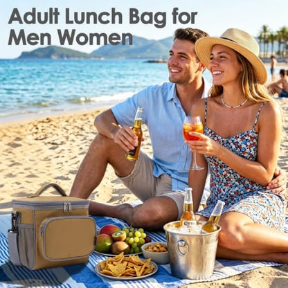 FlowFly Insulated Reusable Lunch Bag Adult Large Lunch Box for Women and Men with Adjustable Shoulder Strap,Front Zipper Pocket and Dual Large Mesh Side Pockets,Brown - color: Brown