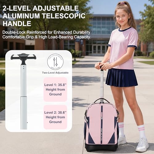 NEW TILAMI 18 Inch Expandable Rolling Backpack with 6-Wheel Stair Climbing, Waterproof Wheeled School Bag with 15.6" Laptop Sleeve for Boys Girls, Carry-on Luggage 98cm Dual-Height Handle - Pink - color: Pink