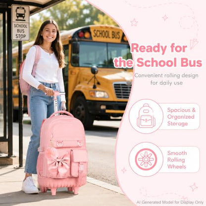 HPJGD 3PCS Girls Rolling Backpack, Pink Bow Tie Wheeled School Backpacks, Water-Resistant Roller Bookbag Set - color: Pink Bowknot Rolling Backpack Set