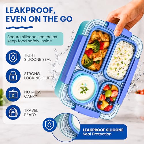Large 10 x 7.5" Stainless Steel Bento Lunch Box with 4 Compartments Leakproof Lid BPA-Free 304 Stainless Steel Food Container That Keeps Food Separate for Adults and Kids School Office and Travel,Blue - color: Blue