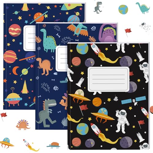 Affrolling 3 Pack Composition Notebooks Wide Ruled for Kids Boys Dinosaur Space Cute Composition Notebook 200 Page 7-1/2" x 9-3/4" Blue Journal Back to School Gift for Teen Student First Day of School