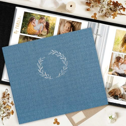 Lanpn Photo Album Scrapbook 12x12, Linen Cover Wreath Design Top Load 3 Ring Folder Binder Photobook Photo Book 12 x 12 inch with 30 Plastic Sleeves 60 Pages Blue - color: Blue, size: 12x12"