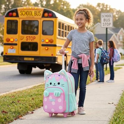 Meetbelify Backpack with Wheels for Girls Rolling Backpack Cute Cat Carry on Backpack Kids Luggage with Lunch Box Pencil Case for Elementary Student - color: Green Cat