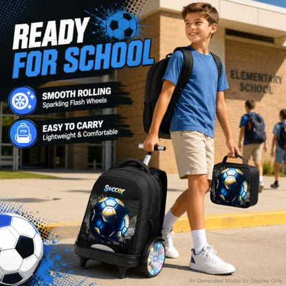 AGSDON Quiet Rolling Backpack with Lunch Box Set – Large Luminous Wheel Water‑Resistant Wheeled Bag for School, Outings, and Travel | Black Gold Soccer 3‑Piece Organizer Backpack - color: Large Luminous Wheel Rolling Black Gold Soccer