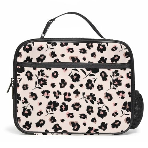 WOBAGMEN Large Lunch Box, Insulated Reusable Lunch Bag with Water Bottle Holder Portable Waterproof Leakproof Lunch Tote Bag Cute Lunch Box(Black Floral 1) - color: Black Floral 1