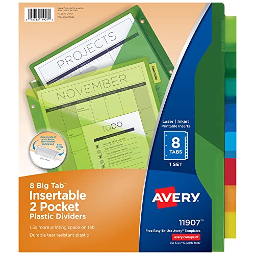 Avery Dividers for 3 Ring Binders, 8-Tab Sets, Two-Pocket Plastic Binder Dividers with Tabs, Multicolor, 1 Set (11907) - size: 0