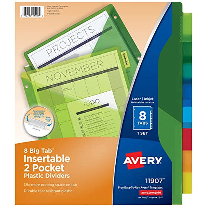 Avery Dividers for 3 Ring Binders, 8-Tab Sets, Two-Pocket Plastic Binder Dividers with Tabs, Multicolor, 1 Set (11907) - size: 0