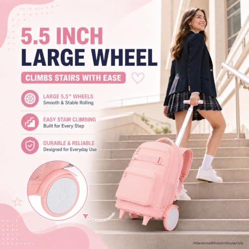 3Pcs Large Rolling Backpack for Teen Girls Women, 20 Inch Detachable Wheeled Bookbag with Lunch Box, Durable Oxford Cloth Roller Backpack for College School Travel (Pink) - color: Large Wheels Classic Pink