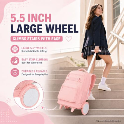 3Pcs Large Rolling Backpack for Teen Girls Women, 20 Inch Detachable Wheeled Bookbag with Lunch Box, Durable Oxford Cloth Roller Backpack for College School Travel (Pink) - color: Large Wheels Classic Pink