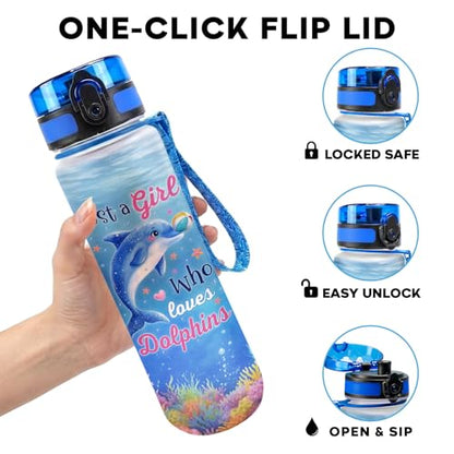 34HD Dolphin Water Bottle with Time Marker & Straw 32 oz, Just A Girl Who Loves Dolphins, Birthday Gifts for Women & Girls Cute Ocean Life Merch Aesthetic Sea Animal - color: Blue dolphin