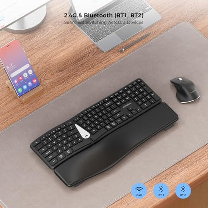 KYSONA Ergonomic Keyboard Mouse Wireless Combo, Full Size Bluetooth Split Keyboard with Wrist Rest, 4 Level DPI Ergo Mouse for Windows Mac OS Computer, Black - color: Black