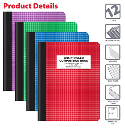 Better Office Products Quad Ruled Composition Book Notebook, 12 Pack, Hardcover 4x4 Graph Ruled Paper, 80 Sheets, 9.75" x 7.5", Assorted Color Covers, 12 Pack