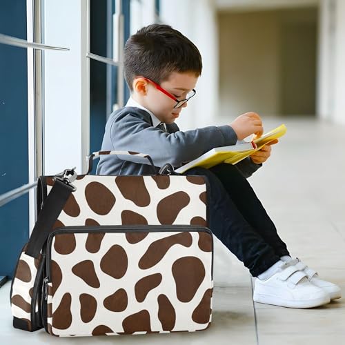Brown Cow Print Zipper Binder 3 Ring with Shoulder Strap, Multiple Pockets Expanding File Folder Binder Bag Organizer