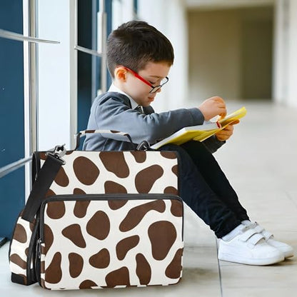 Brown Cow Print Zipper Binder 3 Ring with Shoulder Strap, Multiple Pockets Expanding File Folder Binder Bag Organizer