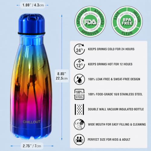 CHILLOUT LIFE 12oz Kids Insulated Stainless Steel Water Bottle, Leak Proof | Small Metal Water Bottle, Keeps Drinks Cold 24H & Hot 12H, Leak-Proof Screw Lid, Perfect for School, Travel & Sports - color: UV Rainbow