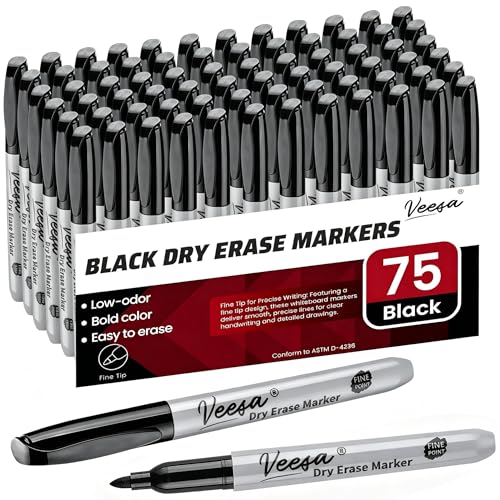 VEESA Dry Erase Markers Fine Tip, 75 Count, Low-Odor, Bold Black | Non-Toxic, Easy to Erase, Back to School Supplies, Office Series - color: Black