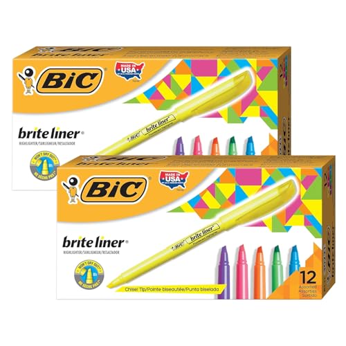 BIC Brite Liner Highlighters Markers, Chisel Tip, Assorted Colors, 12 Per Pack, 2 Packs (BICBL11AST-2)