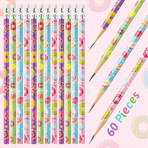 Xqumoi 60Pcs Doughnut Pencils with Erasers - Cute Donut Themed #2 HB Wooden Pencils in Bulk Birthday Party Favors Classroom Student Rewards Goodie Bag Fillers Stuffers Back to School Gift - style: Doughnut