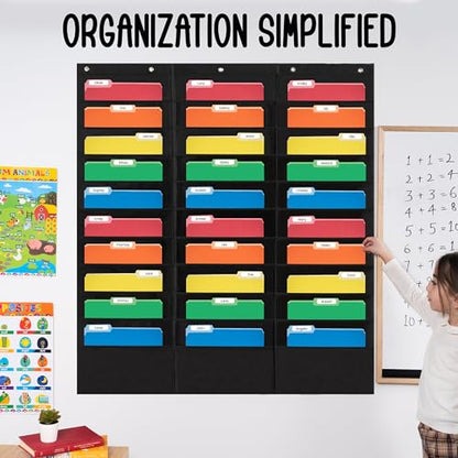 Essex Wares - 30 Pocket File Pocket Chart, Black, 42" Wide x 47" Tall - Versatile Wall Hanging File Folder Organizer for Classroom, Office, Home, and More - Wall Folder Organizer - 30 Pockets - size: 30 Pocket