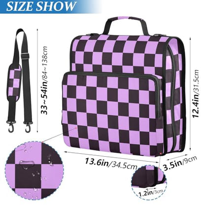 Boccsty Black Purple Checker Zipper Binder 3 Ring Binders Expanding File Folder Multi-Pocket Zipper Binder Organizer for School Shoulder Strap and Handle