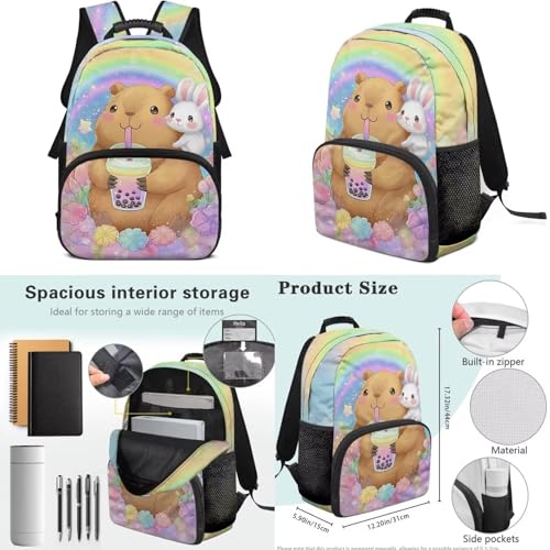 Girls Cute Capybara 4 in 1 Backpack Set - Bunny Print Kids Elementary School Bookbag with Insulated Lunch Box, Pencil Case & Water Bottle Holder - color: Cute Capybara